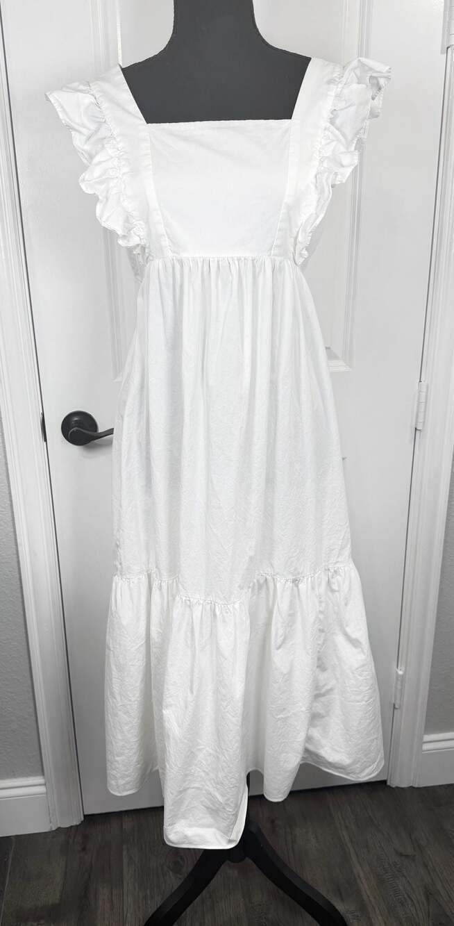 Scoop White Ruffle Strap Tiered Tie-Back Midi Dress, Size M (8-10)